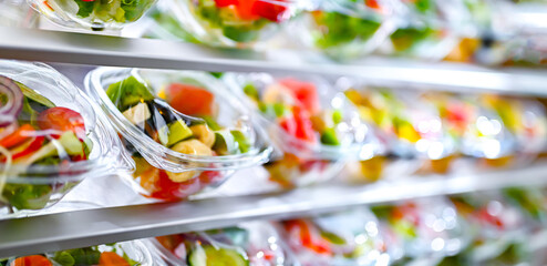 Boxes with fruit and vegetable salads in a commercial fridge