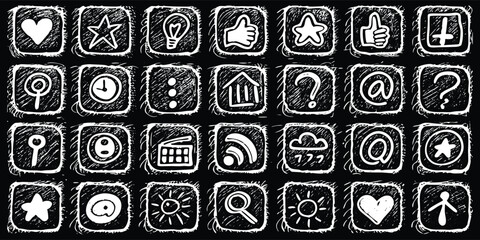 Set of chalkboard social media vector icons. Hand drawn sketch style web buttons on a grunge black background for communication, UI, UX, and app design.