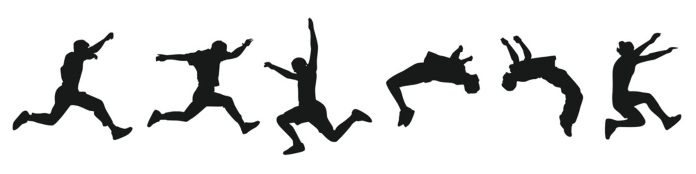  young men doing parkour different techniques poses movements actions silhouette vector