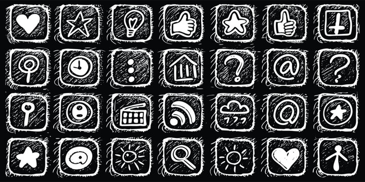 Set of chalkboard social media vector icons. Hand drawn sketch style web buttons on a grunge black background for communication, UI, UX, and app design.