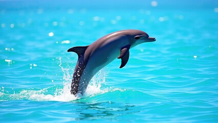 Obraz premium Elegant dolphin leaps gracefully from turquoise water, showcasing freedom and vibrant marine life.