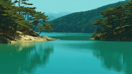 Serene lake surrounded by lush greenery.