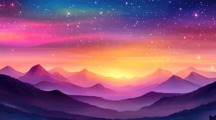Retro pixel art scene of mountains at night, with vibrant sunset hues and glowing stars dotting the sky