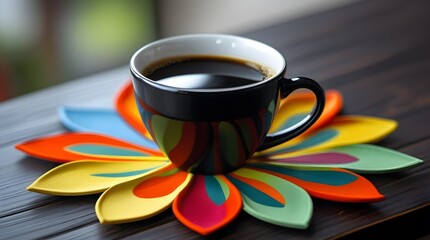 Colorful Flower-Shaped Coaster Holding a Black Coffee Mug on Table