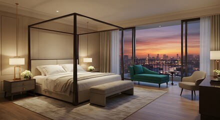 Luxury Bedroom Interior with City View at Sunset