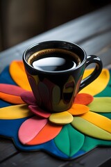 Colorful Flower-Shaped Coaster Holding a Black Coffee Mug on Table