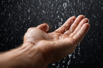 Fototapeta premium A hand outstretched, experiencing the refreshing sensation of rain. The image is a close-up of a hand with raindrops cascading over it, evoking a sense of freshness