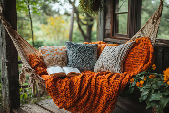Colorful hammock filled with textured pillows, blanket, and book in serene rustic outdoor porch setting