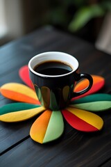 Colorful Flower-Shaped Coaster Holding a Black Coffee Mug on Table