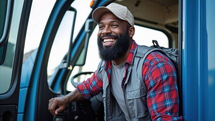 Naklejka premium Cheerful African American truck driver smiling broadly from the cab of his commercial vehicle
