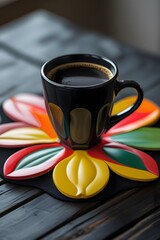 Colorful Flower-Shaped Coaster Holding a Black Coffee Mug on Table