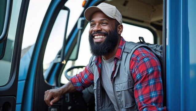 Cheerful African American truck driver smiling broadly from the cab of his commercial vehicle