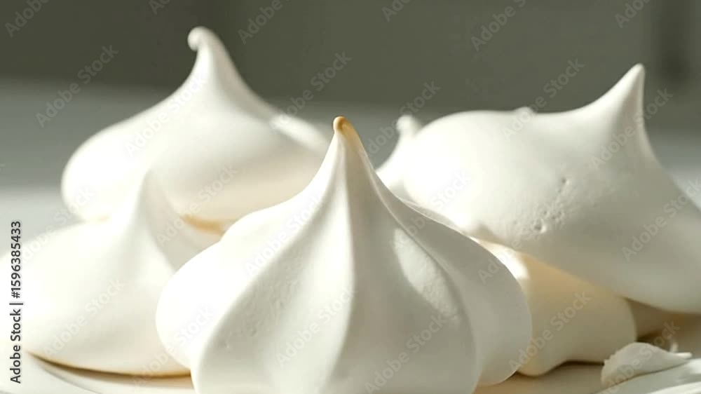 Poster a small pile of white meringue cookies with a piped teardrop shape and visible peaks