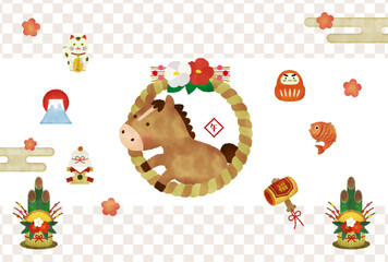 水彩風　2026年 午年 年賀状イラスト｜かわいい馬としめ縄・縁起物の正月デザイン