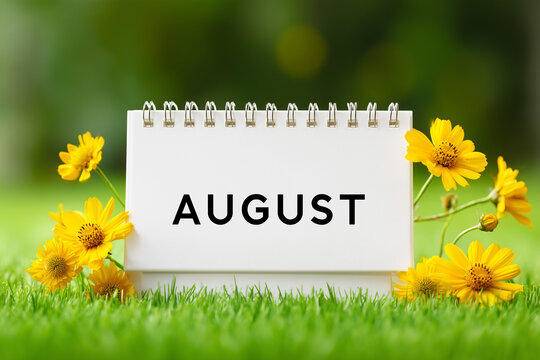 August month calendar with beautiful yellow flowers on grass - Powered by Adobe
