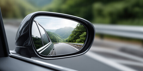 The scenic view in the side mirror of a car showcases a beautiful road winding through lush green mountains