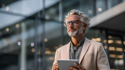 Pensive businessman holding tablet and looking up in front of office building