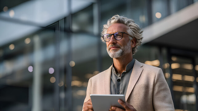 Pensive businessman holding tablet and looking up in front of office building