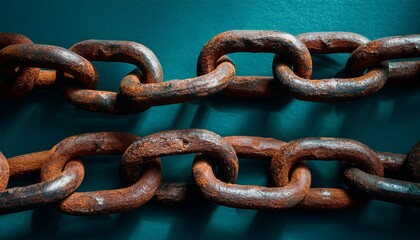 Fototapeta premium intricate rusty chain links interwoven showing texture and age against a dark teal backdrop