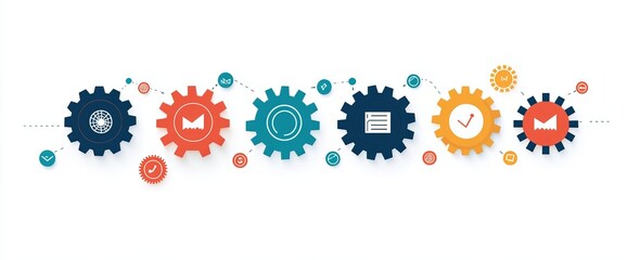 Interconnected gears illustrate a process workflow, showing stages from start to finish