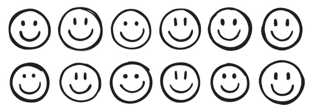Smile face doodle sketch style icon set smiling face hand drawn happy emotion concept vector