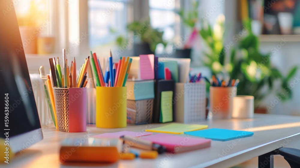 Poster sunlit workspace composition with vibrant stationery and desktop computer