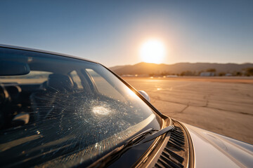 Obraz premium A damaged car windshield with a cracked bullet hole under sunlight. The vehicle sits alone under a hot sunny sky and mountain. The scene conveys damage, loss, and emptiness. 