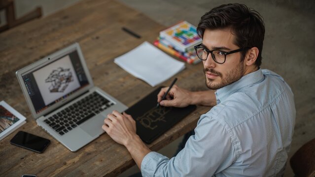 Focused Young Man with Glasses Working on Laptop and Graphic Tablet in a Home Office
