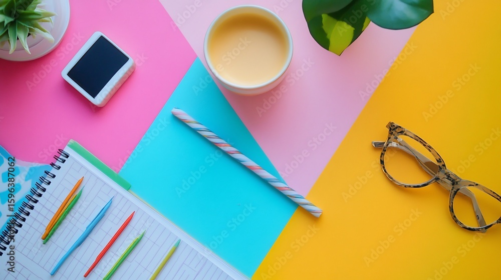 Poster optimistic workspace flat lay with vibrant colors and stationery elements