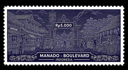Obraz premium Vintage Stamp Depicting Manado Boulevard, Indonesia A Nostalgic Travel Souvenir with Cityscape