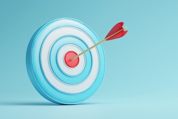 3D render displays a stylized blue and white target with a red bullseye, perfectly struck by a red-fletched arrow, all set against a clean, light blue background. 