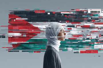 A woman in a headscarf with the Palestinian flag in the background 