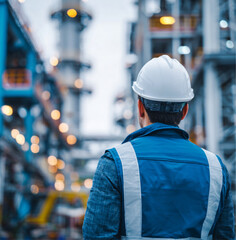 an engineer wearing a minimal blue vest, from behind, taking measurements of a large structural element inside an industrial engineering site, visible beams and construction materials