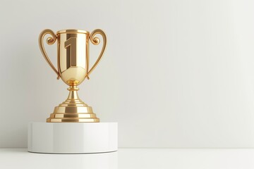 Golden trophy placed on number one podium, white background, minimal scene with soft shadows, award ceremony concept.