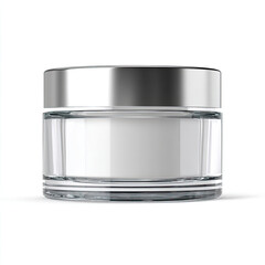 Clear cosmetic jar with silver lid isolated on white background