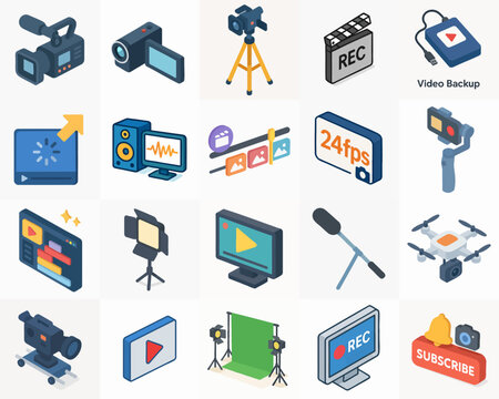 Isometric Detailed Filmmaking Equipment Icons Set for Broadcasting and Recording