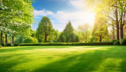 Fototapeta premium beautiful blurred background image of spring nature with a neatly trimmed lawn surrounded by trees against sky on a bright sunny day