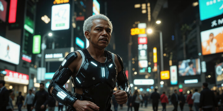 Elderly Cyborg Fitness Enthusiast - A fit 70-year-old African American man with a high-tech bionic exoskeleton jogging through a futuristic