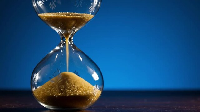 Sand flows through an hourglass against a deep blue background, symbolizing the passage of time.