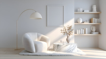 Modern minimalist interior design with white armchair and empty frame