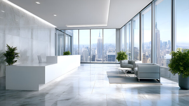 Modern office lobby overlooking manhattan skyline with empire state building