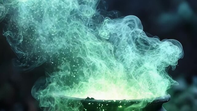Mystical green smoke erupting from a cauldron