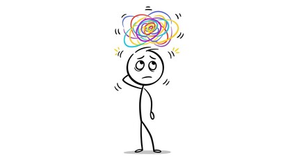 Confused Stick Figure with Colorful Swirls Above Head, Concept of Stress and Overthinking