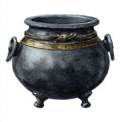 An ancient ornate cauldron, evoking an old atmosphere with it's design and metal texture. The intricate design adds a layer of historic detailing, a symbol of history and mystery