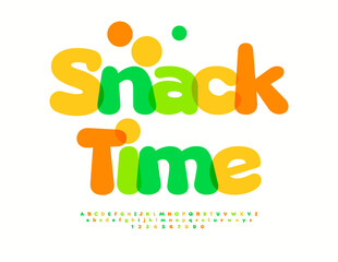 Vector Colorful emblem Snack Time. Creative Bright Font. Watercolor Alphabet Letters and Numbers set.