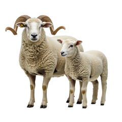 Fototapeta premium Adult ram and young lamb standing together on white background, isolated 