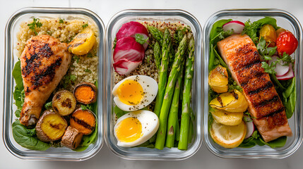 Healthy meal prep containers with chicken, salmon and asparagus