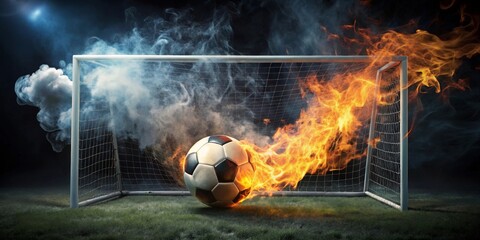 Fiery Football Exploding Through the Goal A Dramatic Sporting Image
