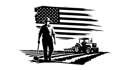 American Farmer and Tractor in Field Black and White - Agricultural Labor Pride