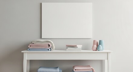 Fototapeta premium Cozy Blankets and Vases on Table with Blank Canvas